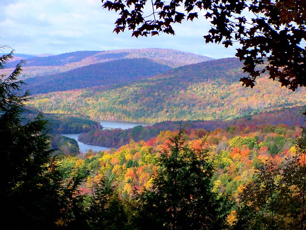 beautiful hills with autumn colors next to a body of water