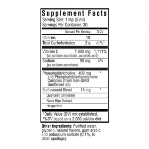 bottle of Optimal Liposomal Vitamin C liquid supplement facts